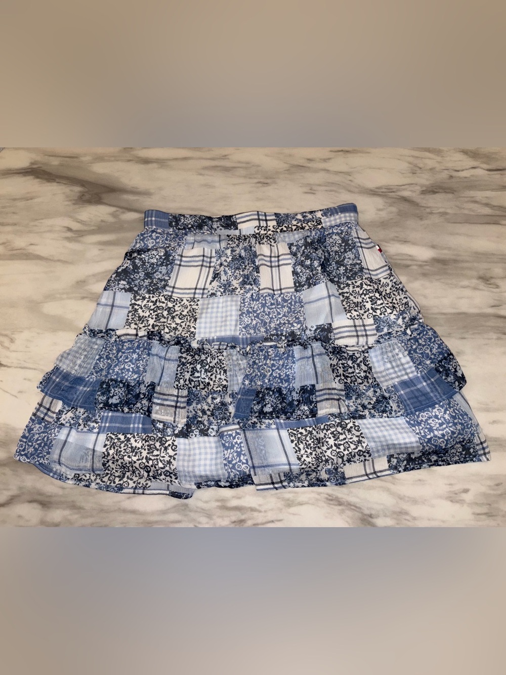Tommy Hilfiger Blue Patchwork Tiered Ruffle Mini Skirt Small